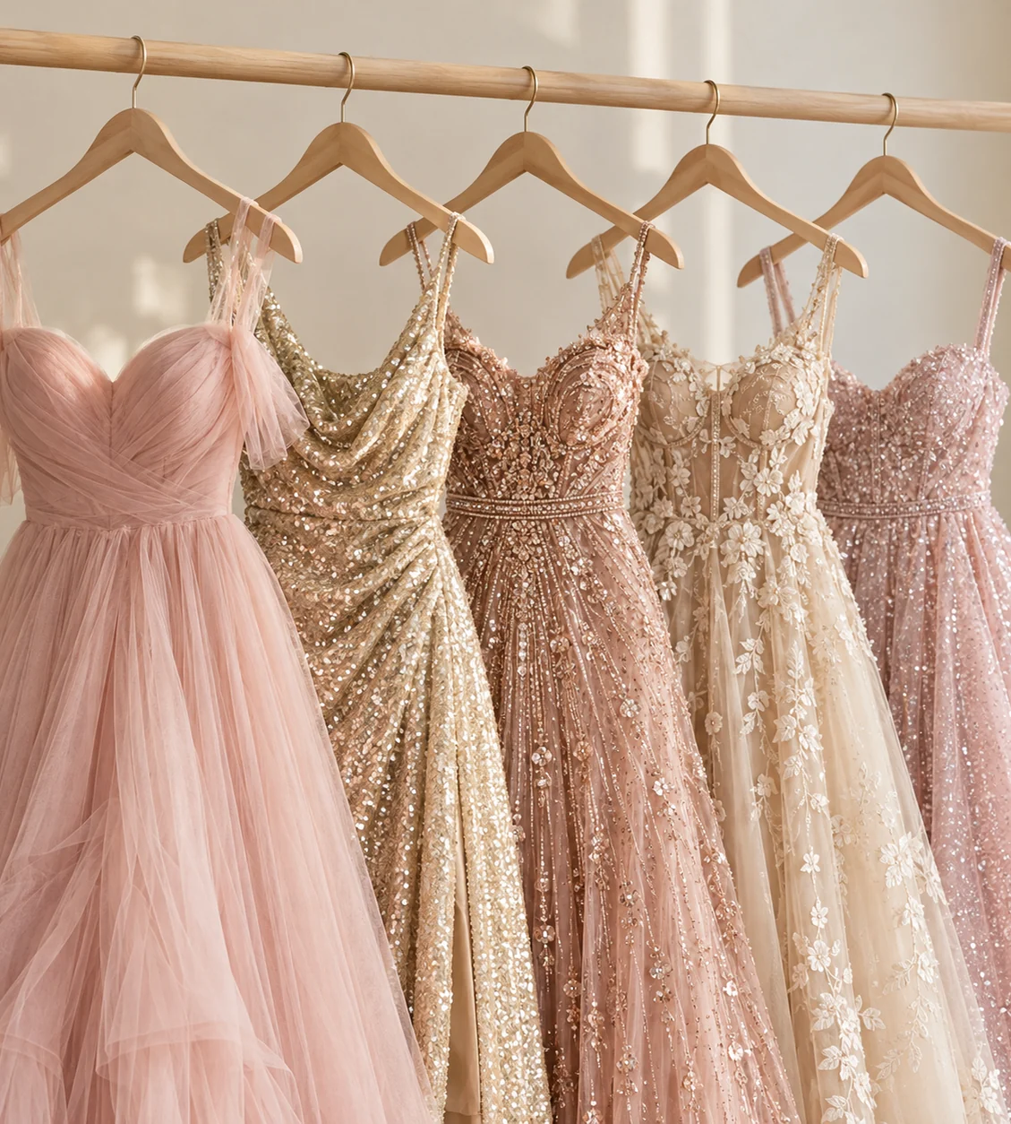 Blush, champagne and sequin dresses on a rail