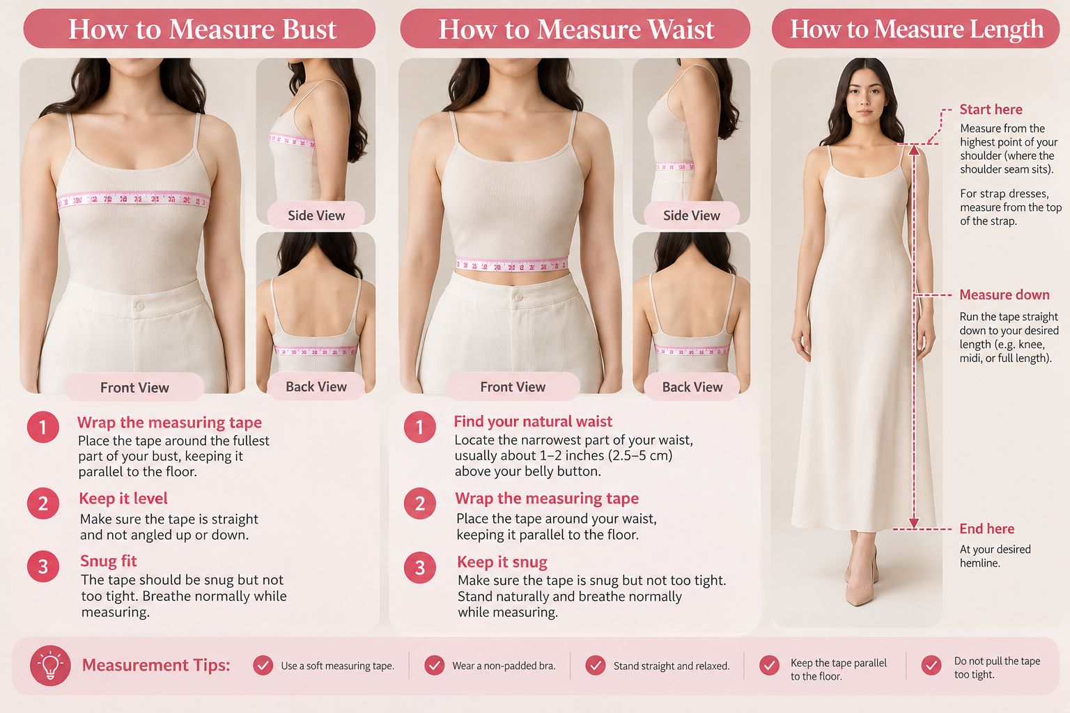 How to measure, on a model in a camisole. Bust: wrap the measuring tape around the fullest part of your bust, keep it level and parallel to the floor, snug but not too tight, breathing normally. Waist: find your natural waist, the narrowest part, usually 1 to 2 inches above your belly button; wrap the tape around it parallel to the floor, snug but not too tight. Length: start at the highest point of your shoulder (for strap dresses, the top of the strap) and measure straight down to your desired hemline. Tips: use a soft measuring tape, wear a non-padded bra, stand straight and relaxed, keep the tape parallel to the floor, and do not pull it too tight.